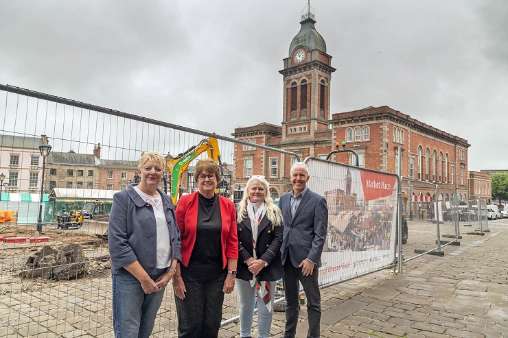 Councillor Kate Sarvent, Councillor Tricia Gilby, Louise Bruynseels and John Allen in Market Place