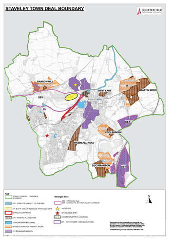 Map showing the boundary of the Staveley Town Deal area